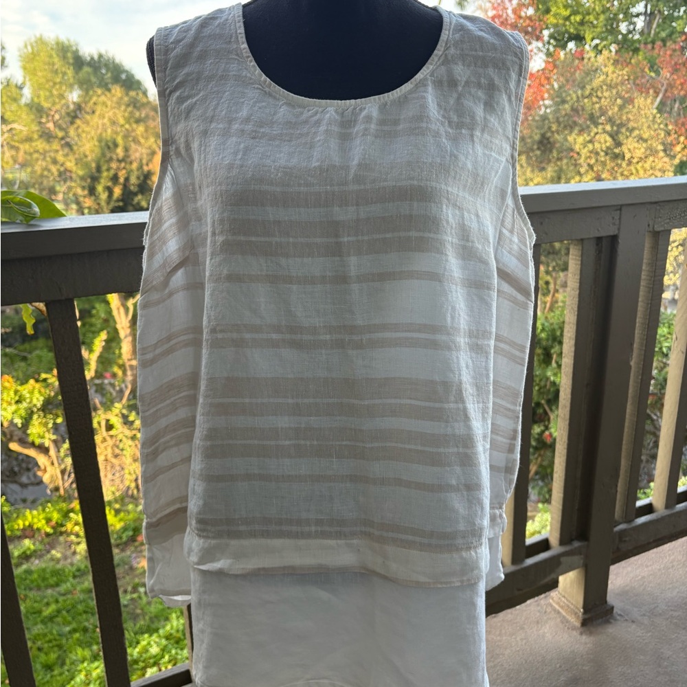 Ellen Tracey 100% Linen White Beige  Striped Women's Tank Top Women’s Size XL